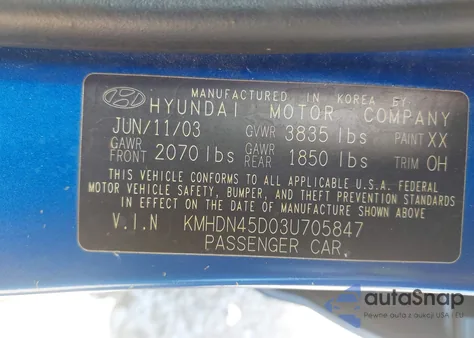 2003 Hyundai Elantra Gls/Gt from USA, damaged, VIN KMHDN45D03U705847